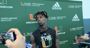 Miami’s starting quarterback N’Kosi Perry speaks to the media Wednesday in the Carol Soffer Indoor Practice Facility after practice. (Gabriel Urruita/SFMN)