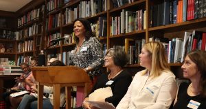 Marisol Zenteno, president of the League of Women Voters of Miami-Dade County, presents her organization’s mission at Books & Books in Coral Gables on Jan. 25, 2020. (Bianca Marcof/SFMN)