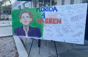 A sign outside Elizabeth Warren's South Florida campaign office on Feb. 15, 2020. (Kaylee Padron/SFMN)